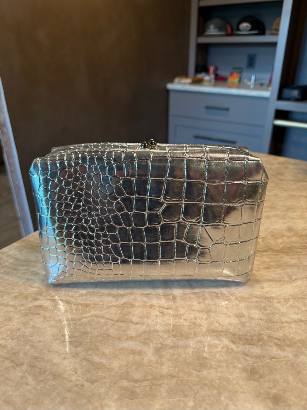 Silver Croc-Embossed Women's Clutch Bag